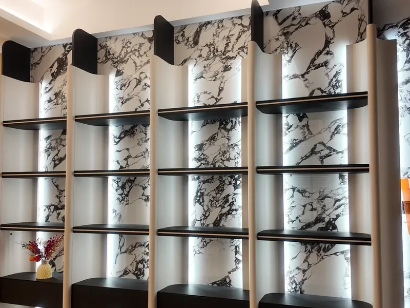 全铝展示柜细节-灯带层板与大理石背板